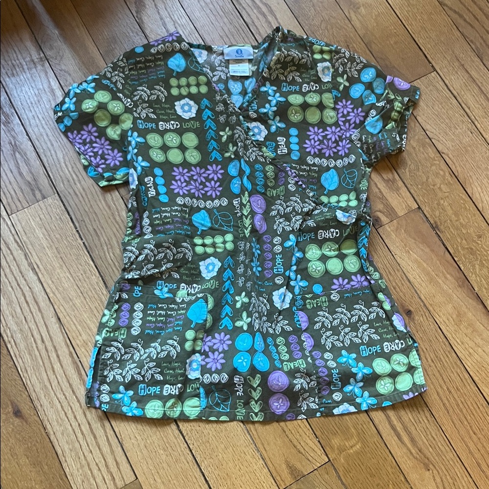 Smart Scrubs Floral Butterfly Top - Olive and Aqua